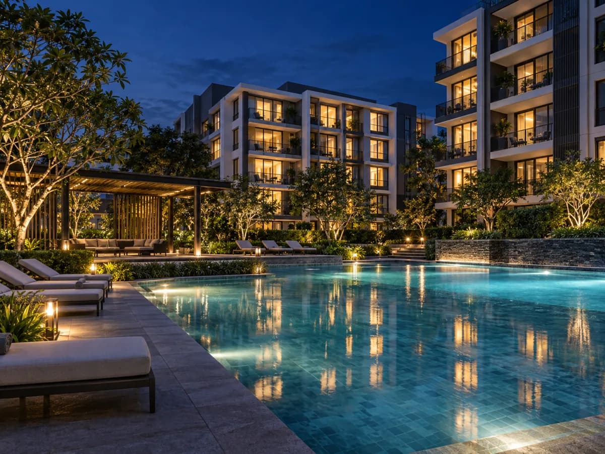 A condominium's common area at night, with a lit pool and garden