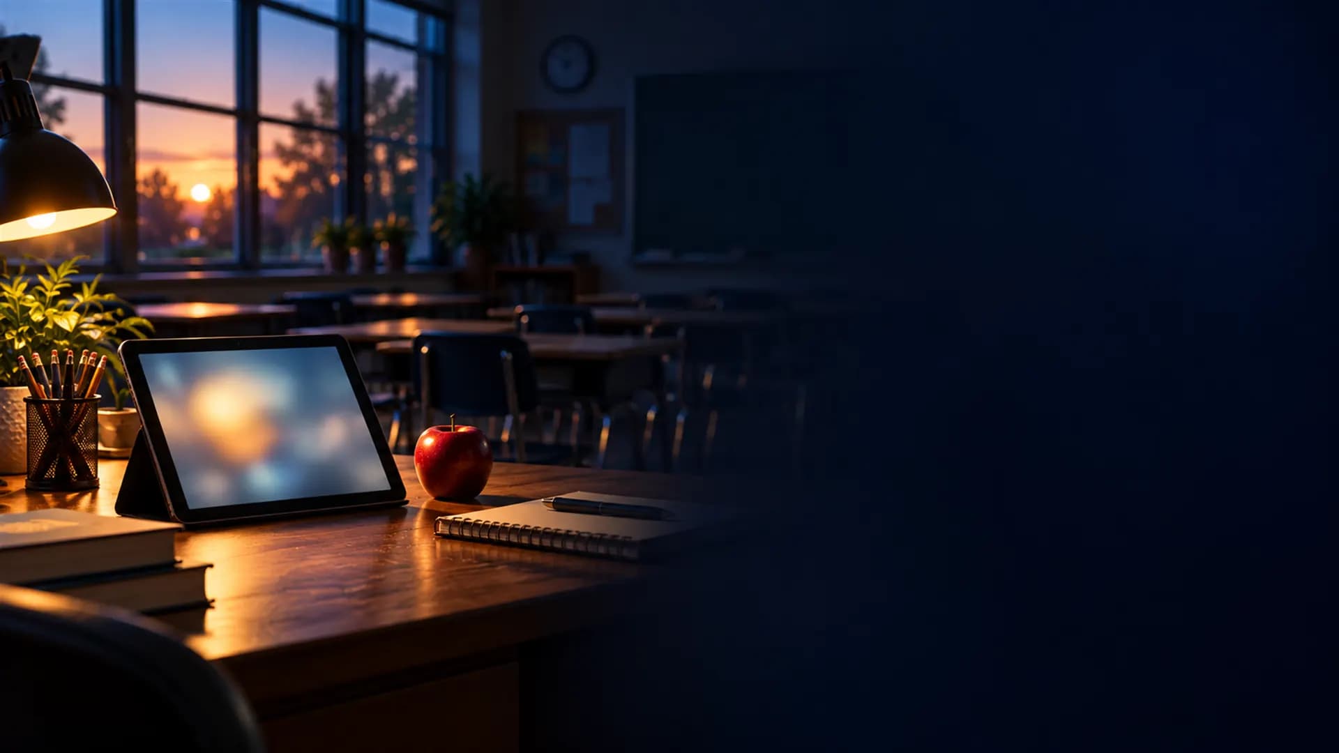 El escritorio del maestro en un aula al atardecer, con una tableta encendida