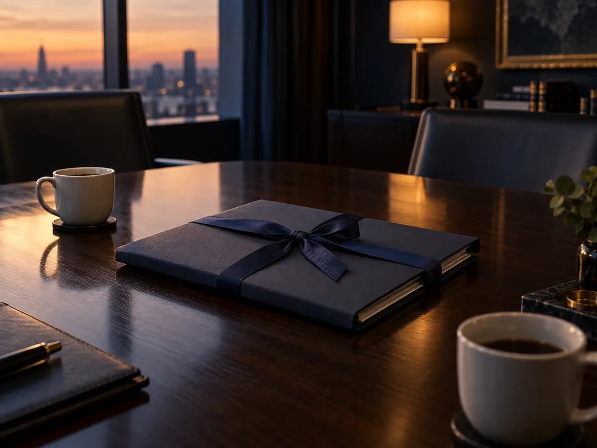 A delivery folder with a ribbon on a meeting-room table