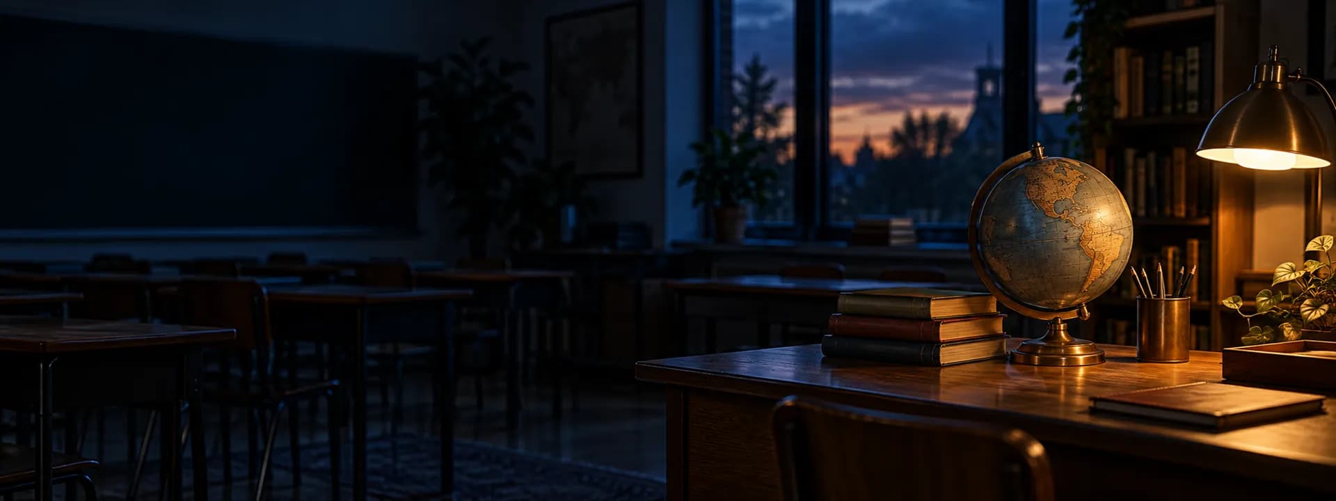 A classroom with books, a globe and a lamp switched on