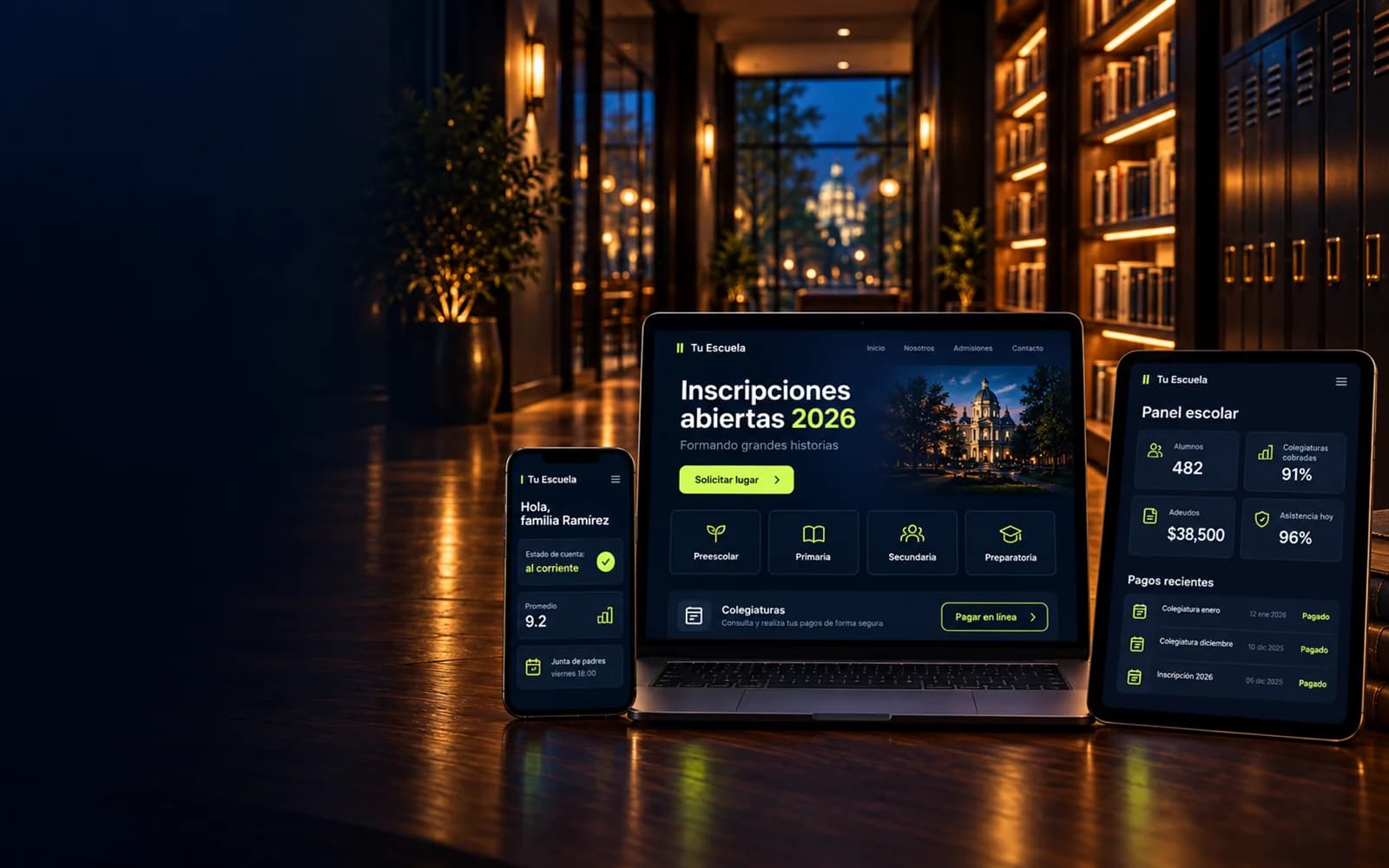 The system on three screens in a school corridor: the enrolment portal on a laptop, the parents' app on a phone and the school dashboard with fees and attendance on a tablet