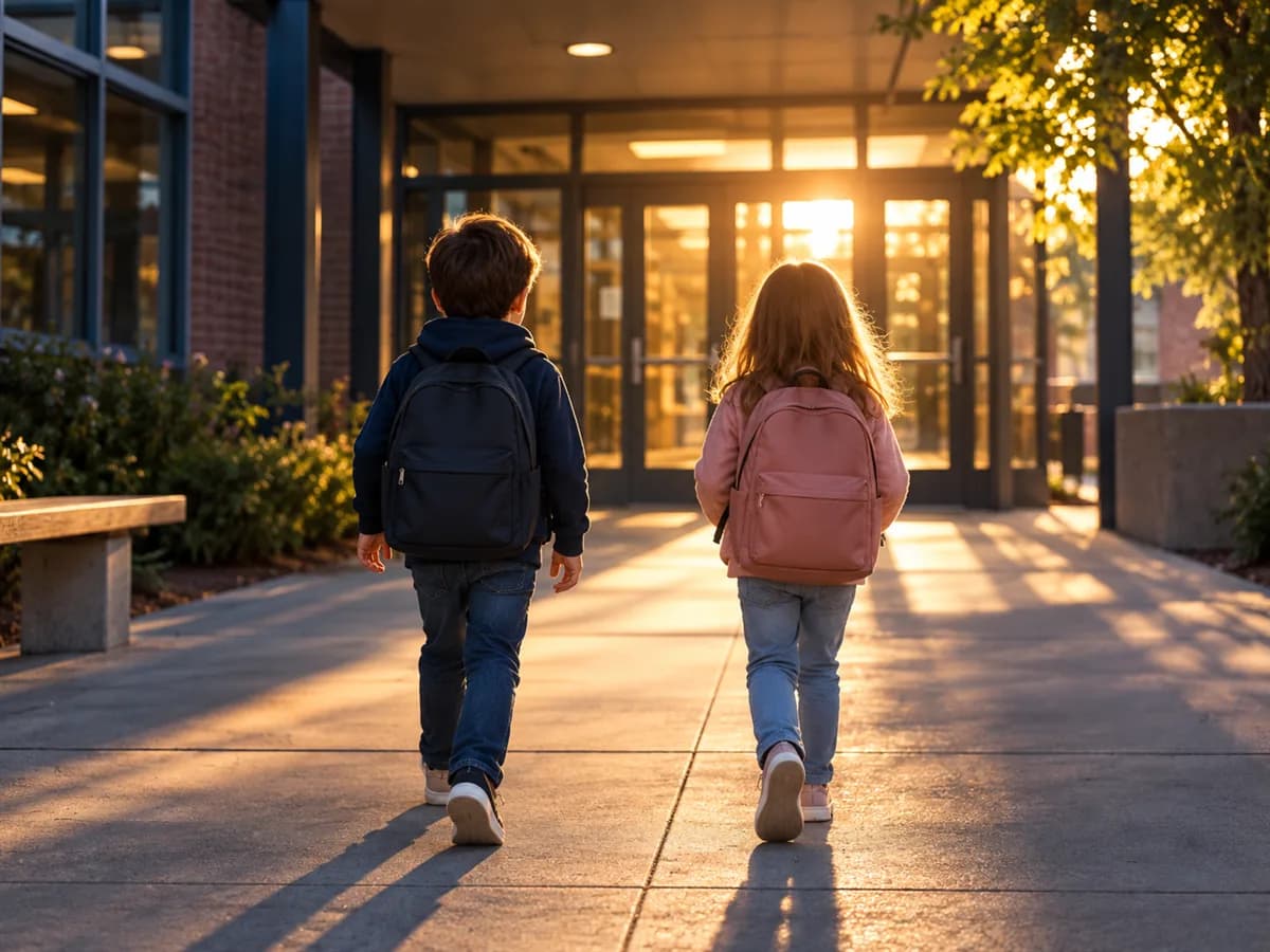 Two children with backpacks, seen from behind, walking to the school entrance