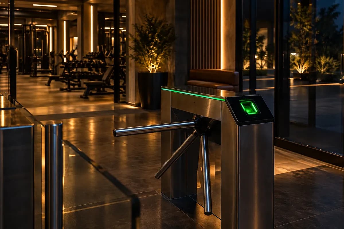 El torniquete de acceso de un gimnasio de noche, con el lector de QR iluminado en verde