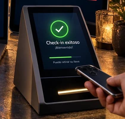 Una huésped acerca su teléfono a un kiosco de check-in que muestra una palomita verde
