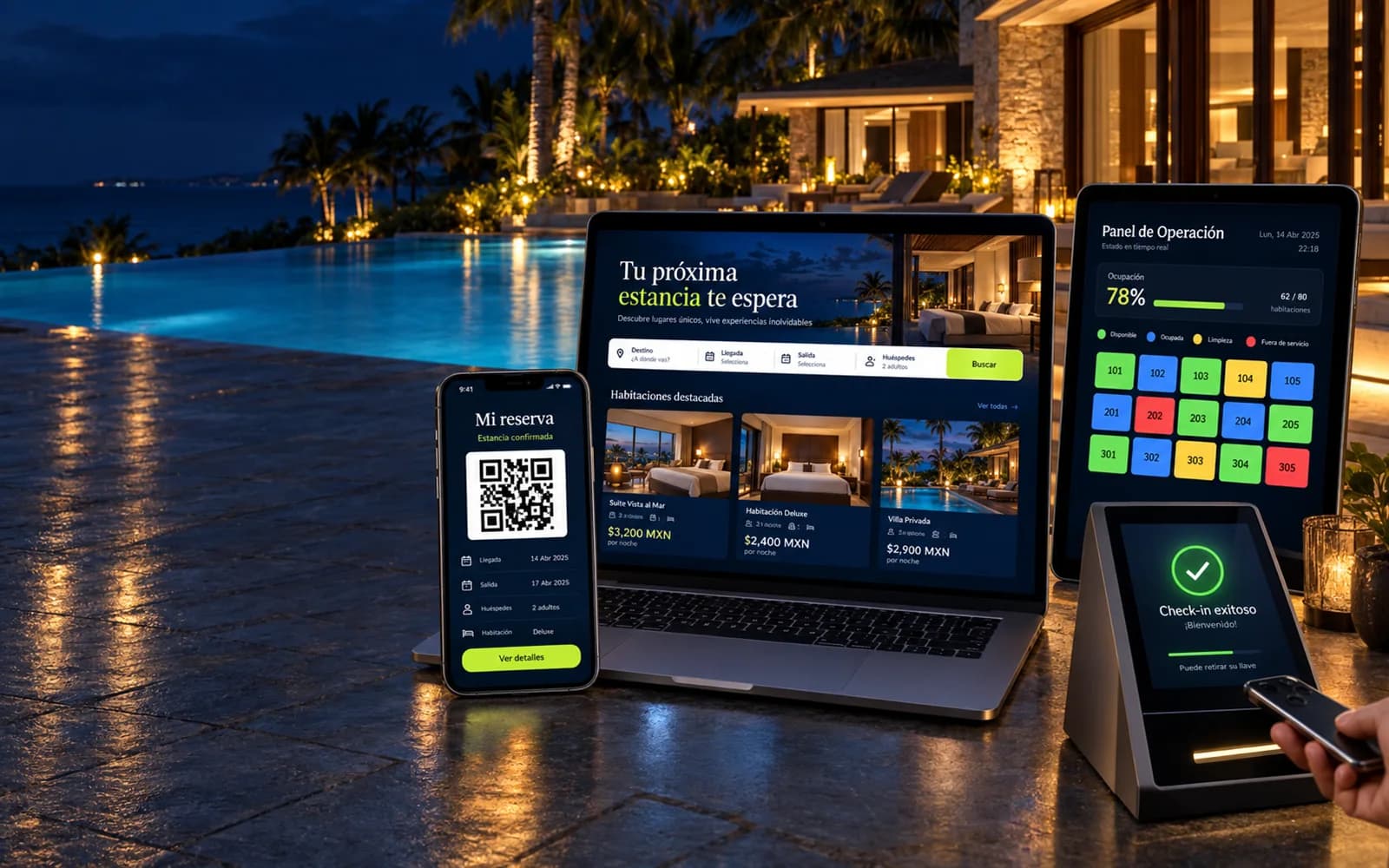 El sistema en cuatro pantallas sobre la terraza de un hotel: el sitio de reservas en una computadora, la reserva con código en un teléfono, el panel de habitaciones en una tableta y un kiosco de check-in