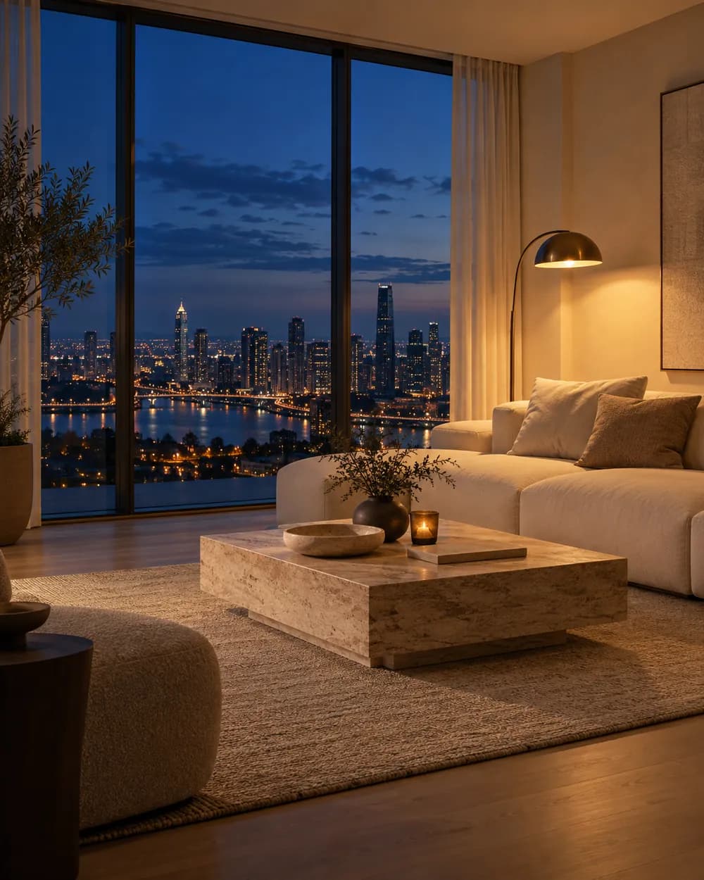 A bright living room with a light sofa and a floor-to-ceiling window at sunset
