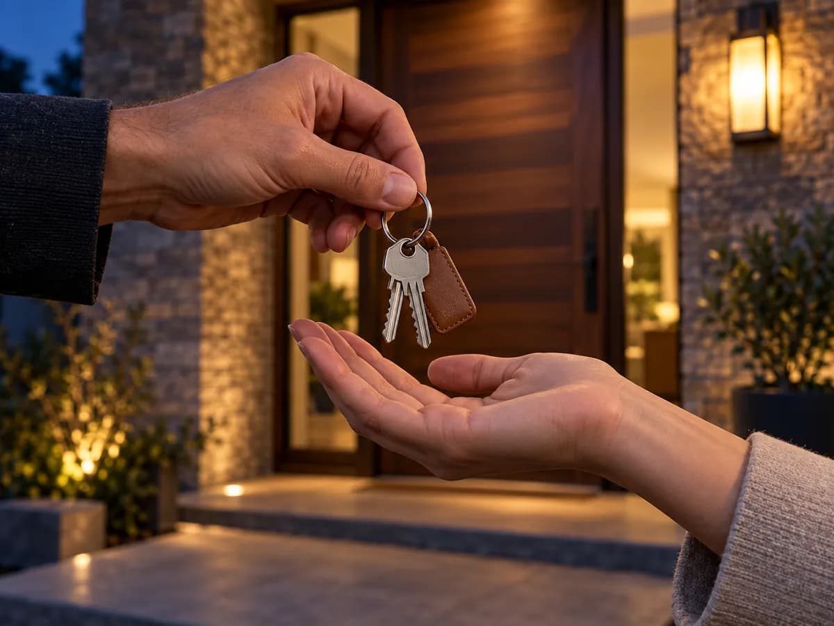 Two hands hand over a set of keys in front of the door of a new house