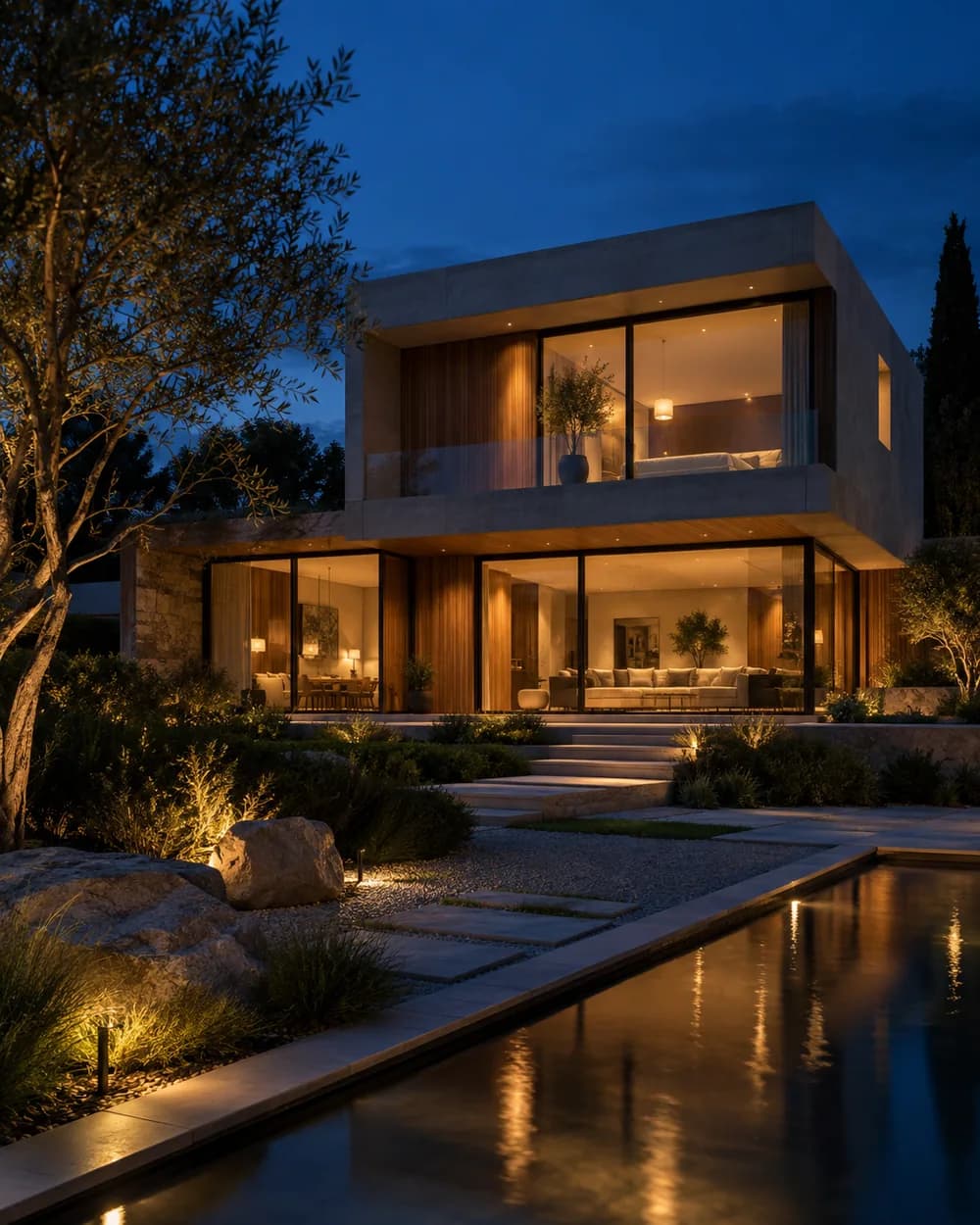 A modern two-story house of concrete and wood, with lit windows and a garden, at blue hour