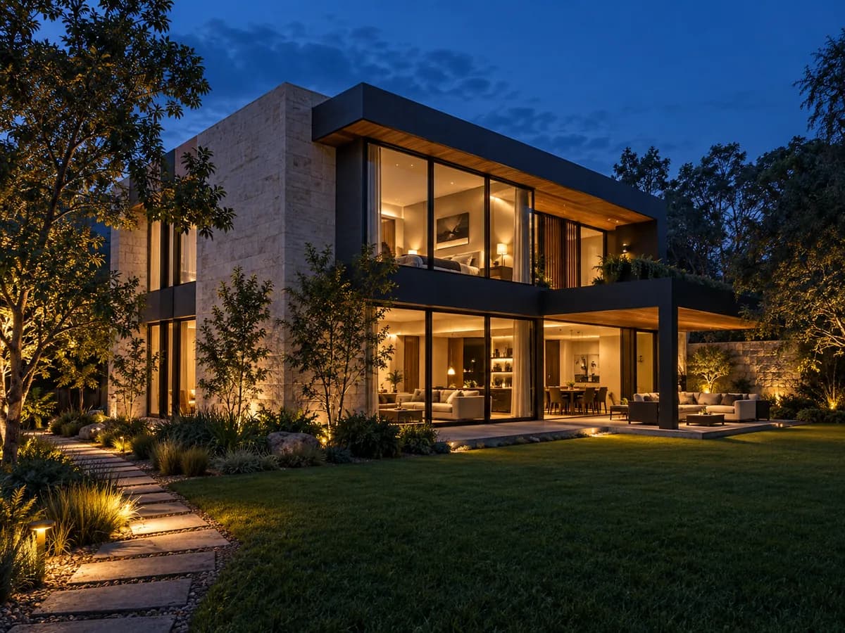 A modern two-story house with a garden at blue hour