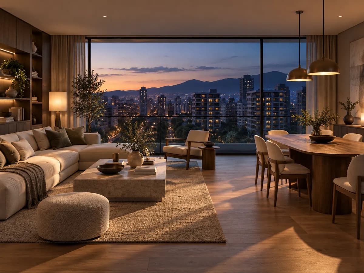 An apartment's living and dining room with a big window and afternoon light