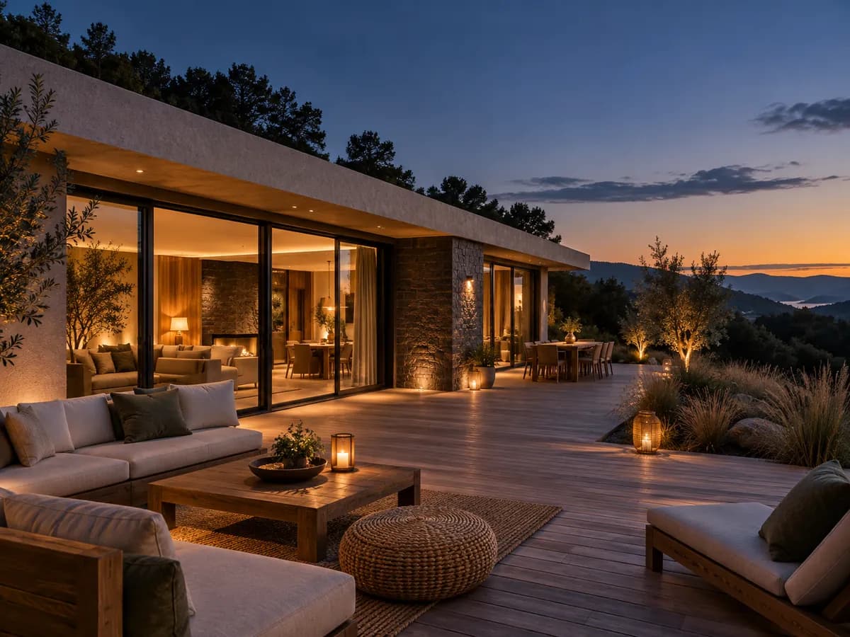 A contemporary single-story house with a wooden deck at sunset
