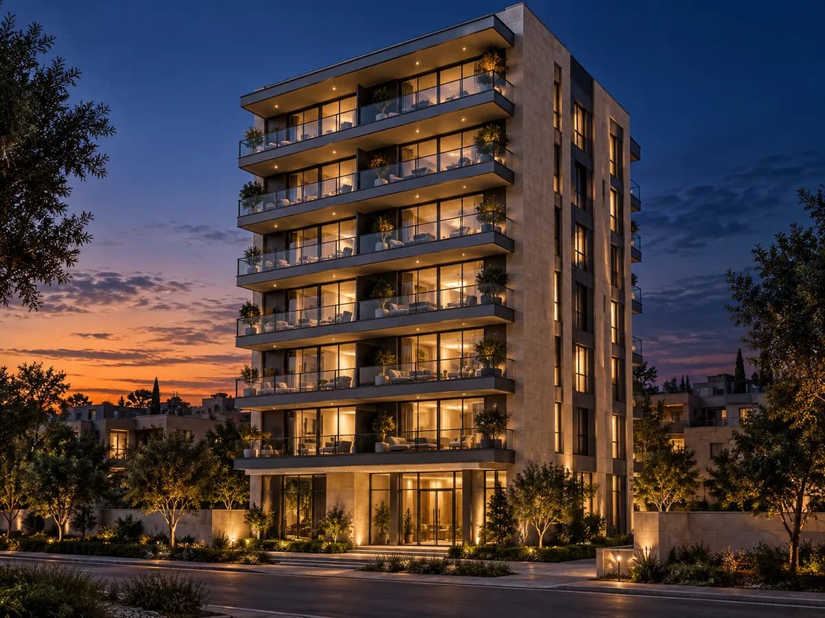 A new eight-story apartment tower with balconies at sunset