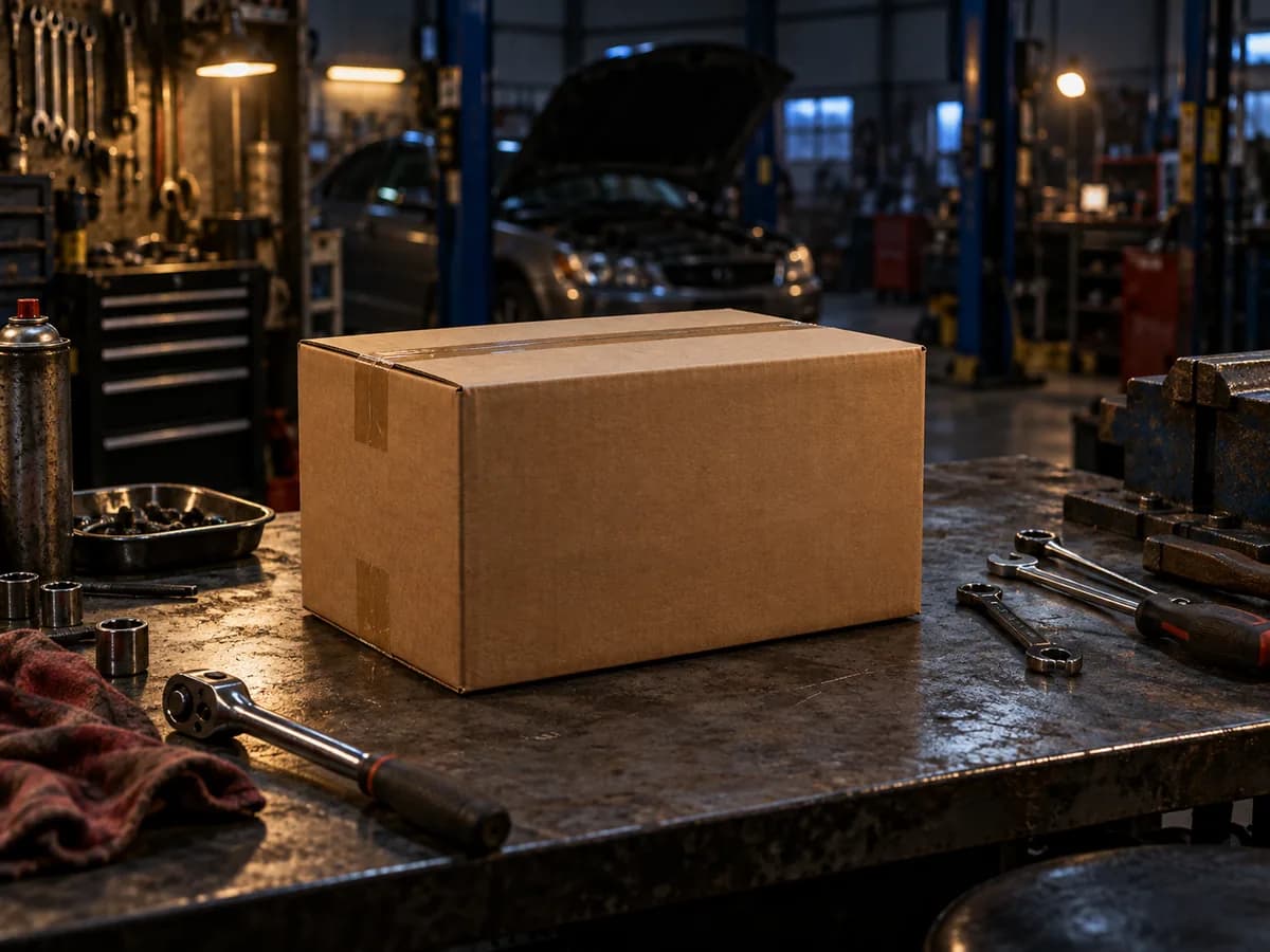 Una caja de refacciones recién entregada sobre el banco de trabajo de un taller