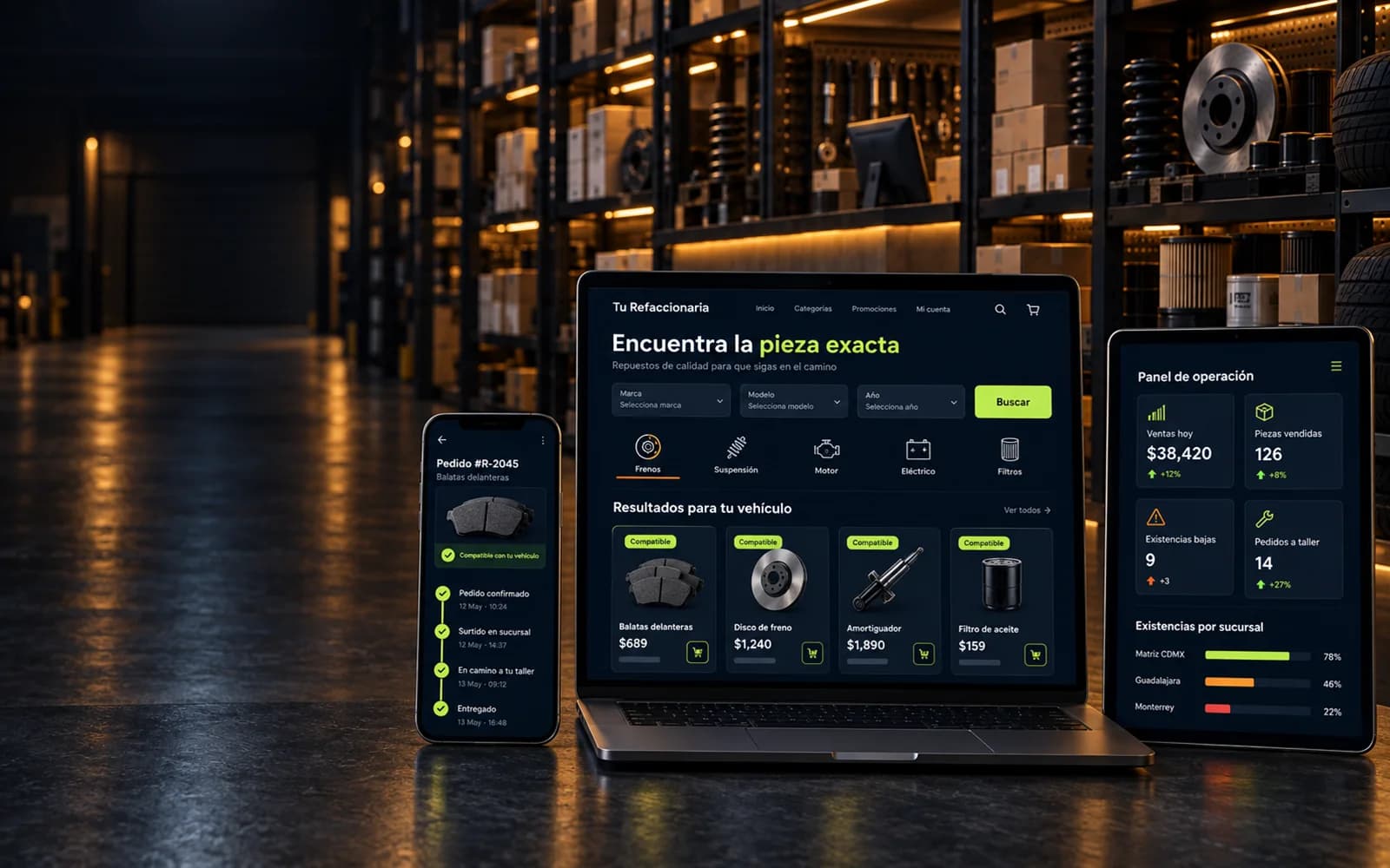 El sistema en tres pantallas sobre el mostrador de una refaccionaria: la búsqueda de piezas por vehículo en una computadora, un pedido compatible en camino en un teléfono y el panel de ventas y existencias en una tableta