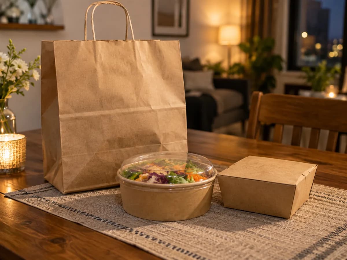 A paper takeaway bag just delivered on a home dining table