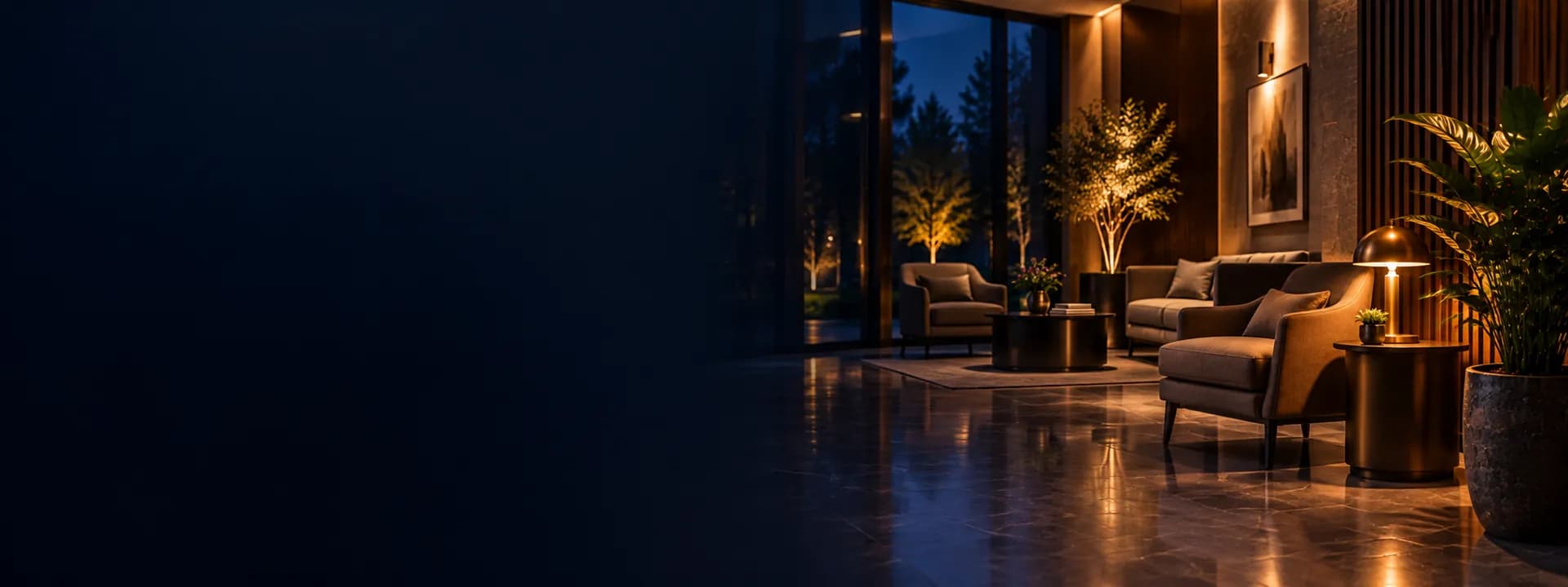 La sala de espera de una clínica con sillones y una planta, iluminada