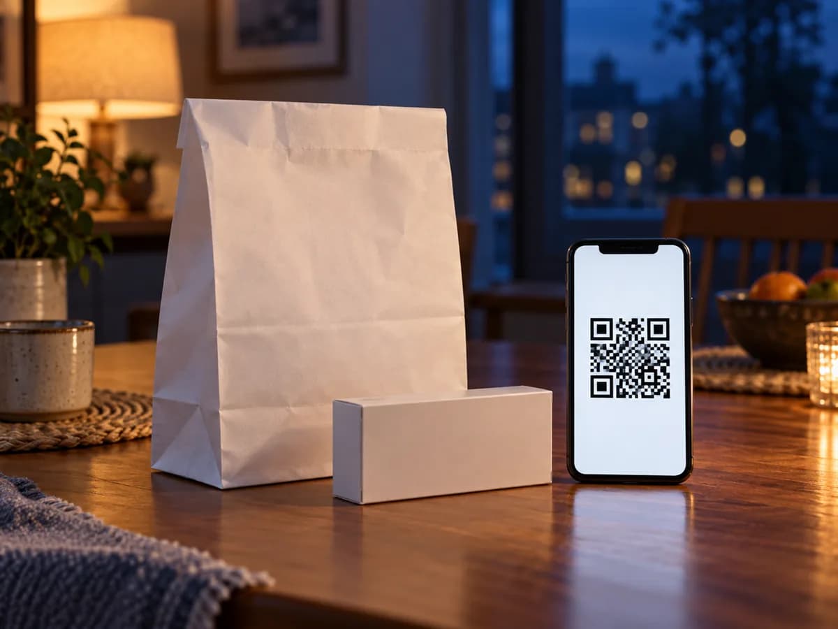 Una bolsa de farmacia junto a un teléfono con un código QR, sobre la mesa de una casa