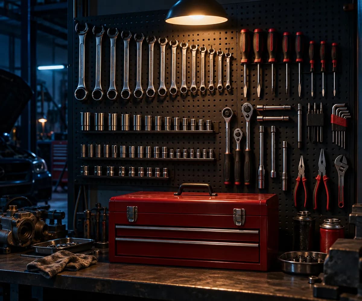 A pegboard with wrenches and screwdrivers neatly arranged under warm light