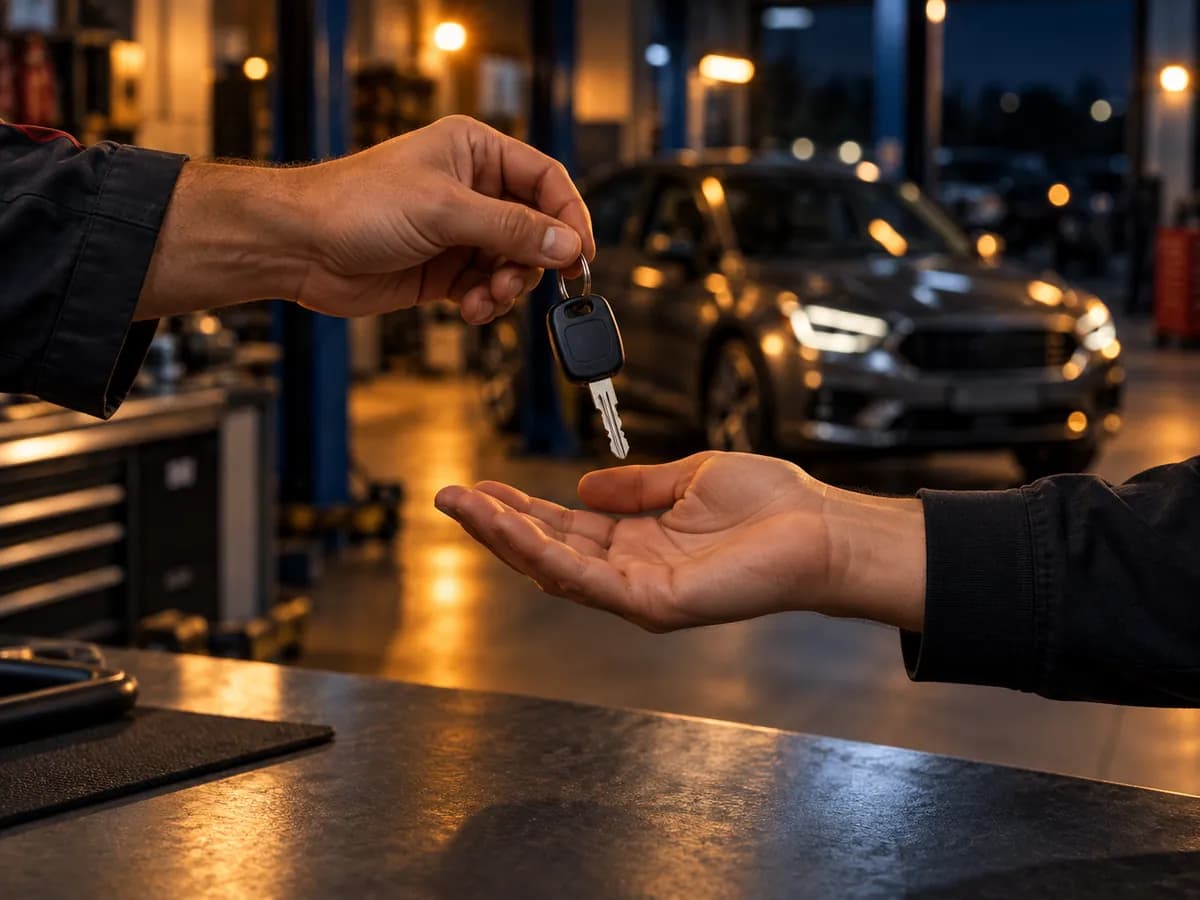 Two hands hand over a car's keys on the shop counter