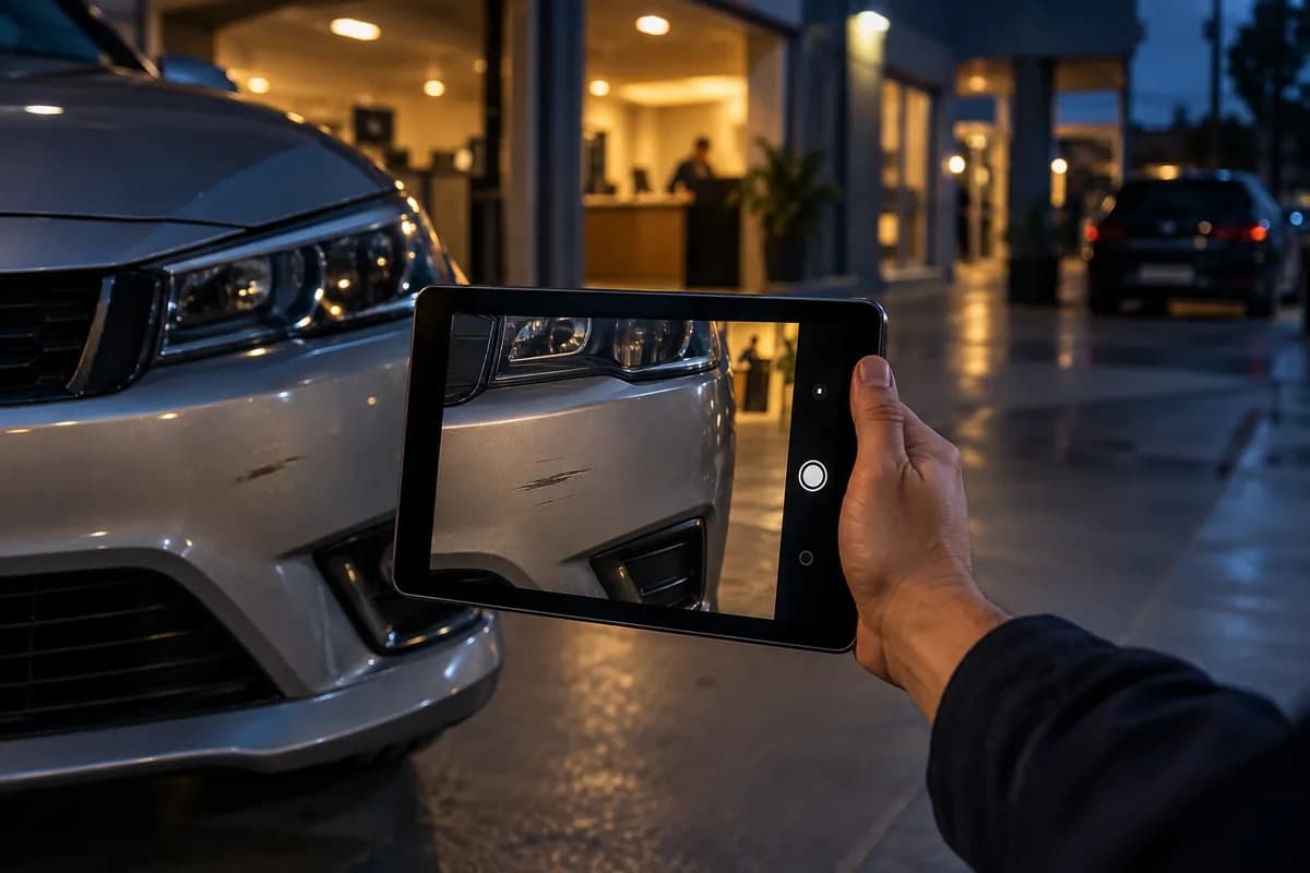 A hand photographs the bumper of a car that just arrived at the shop with a tablet