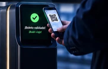 A passenger holding their ticket code up to the platform validator