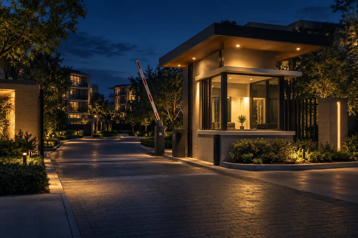 The entrance gatehouse of a residential complex at night, with the barrier raised