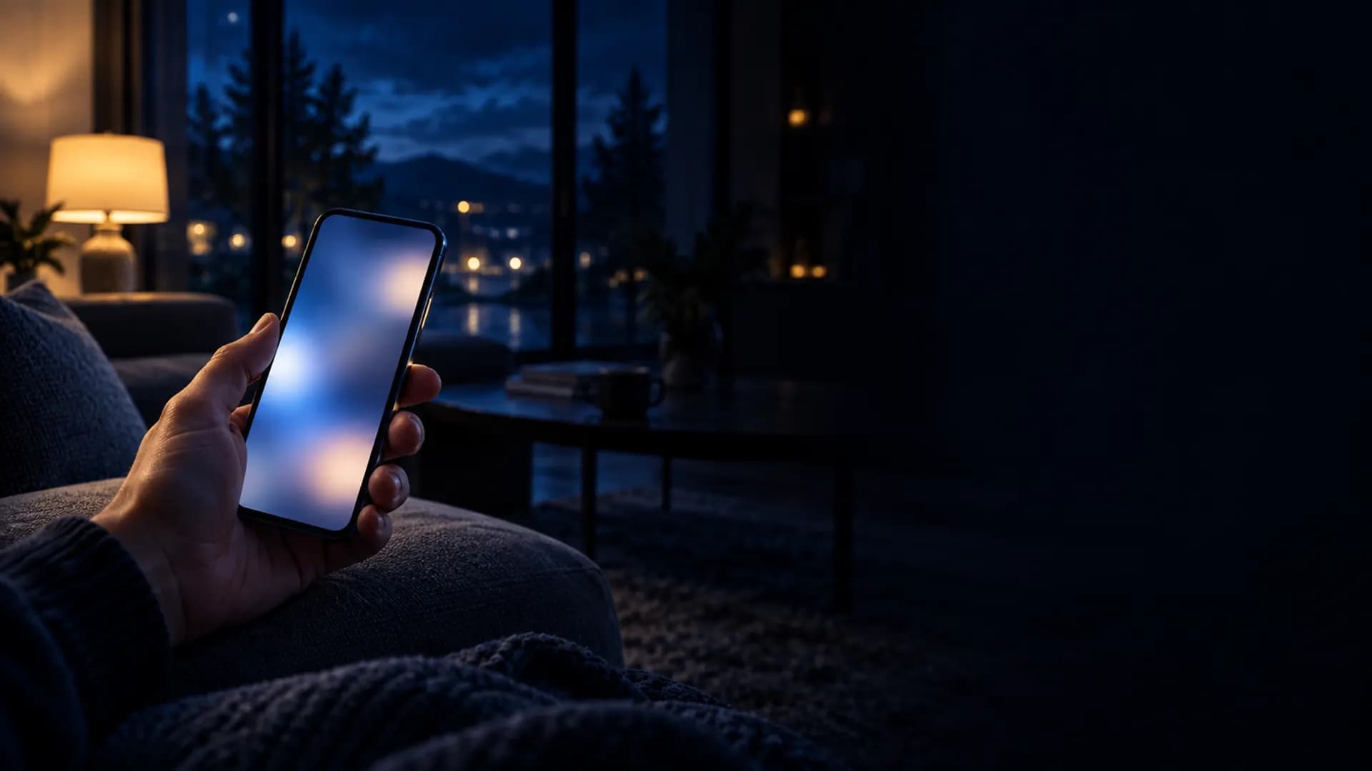 Una mano sosteniendo un teléfono en una sala, de noche