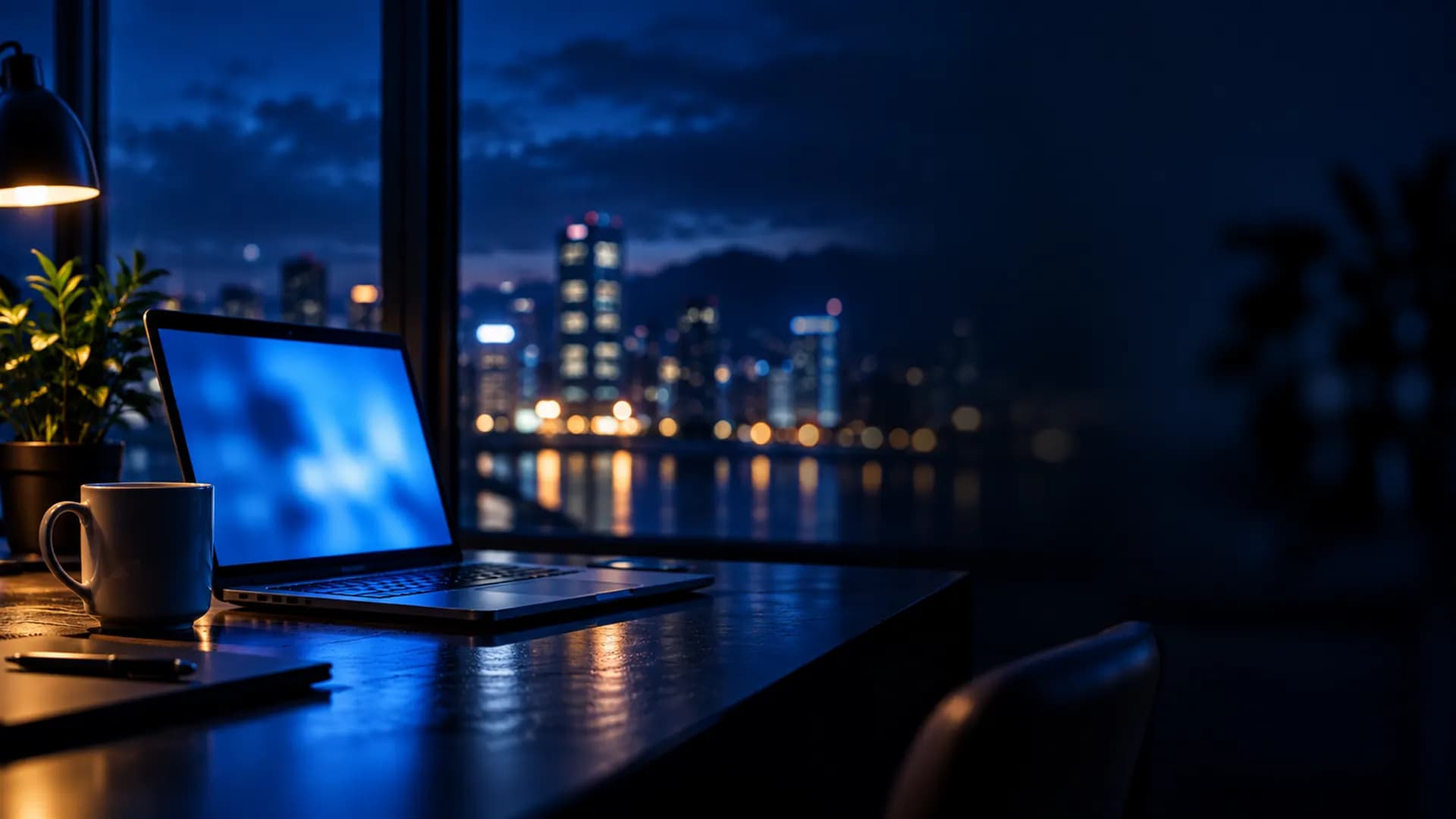 Una laptop encendida sobre un escritorio, de noche
