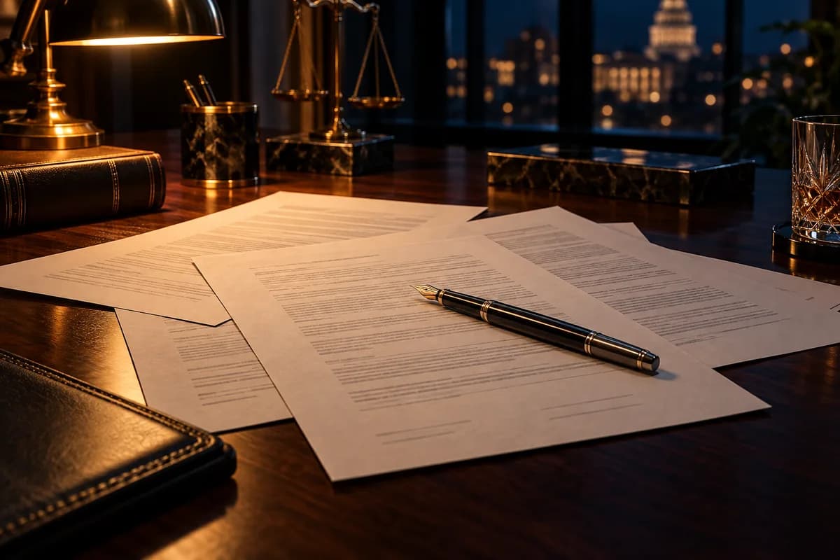 A multi-page contract with a pen on a desk