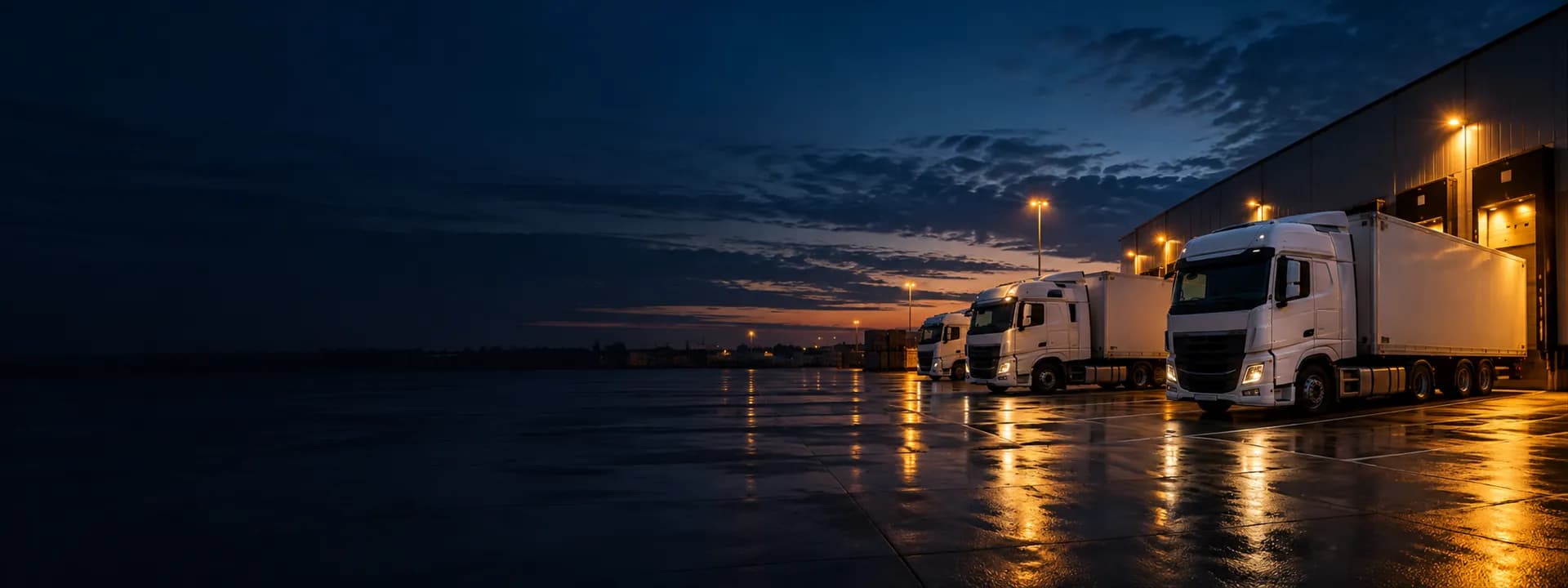 Un patio de maniobras con camiones blancos estacionados al amanecer