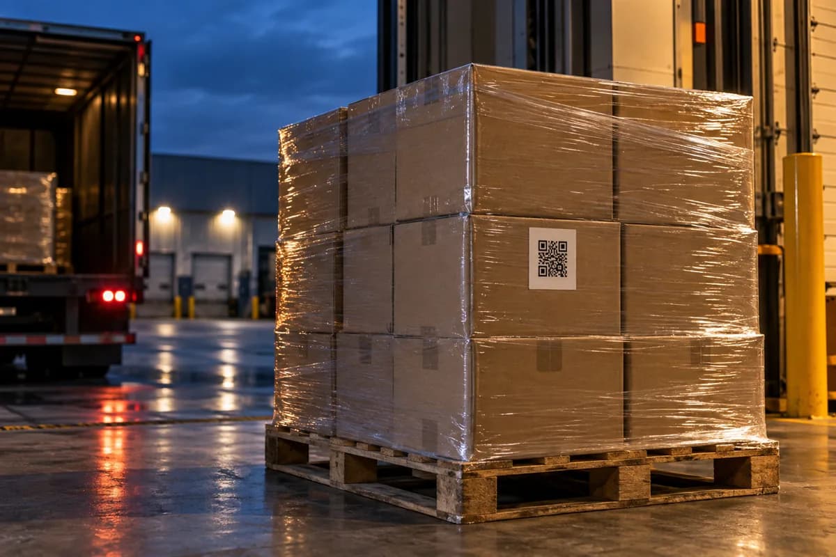 Una tarima emplayada con cajas y una etiqueta con código en un andén