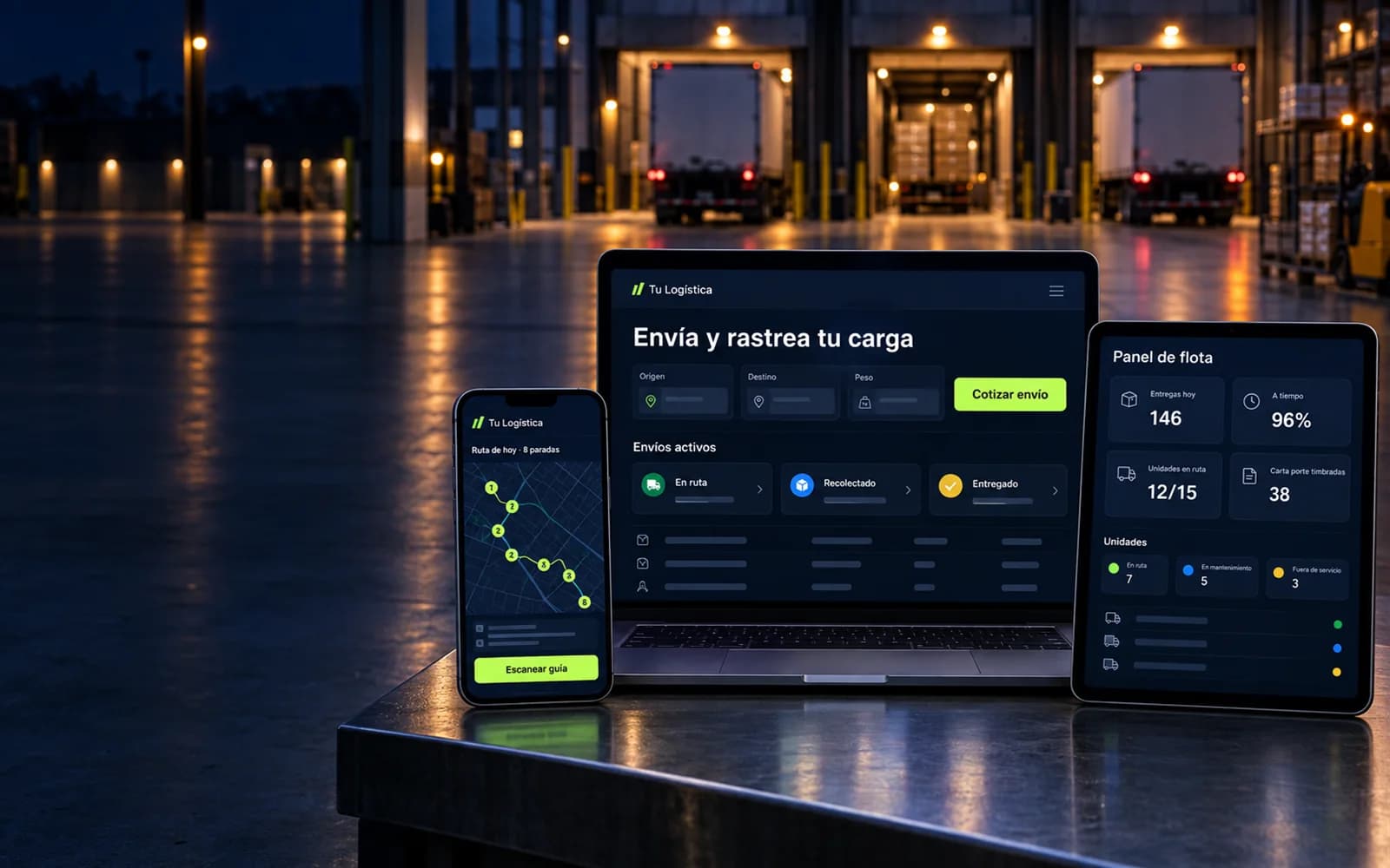 El sistema en tres pantallas en un centro de distribución: el portal de envíos en una computadora, la ruta del chofer en un teléfono y el panel de flota en una tableta