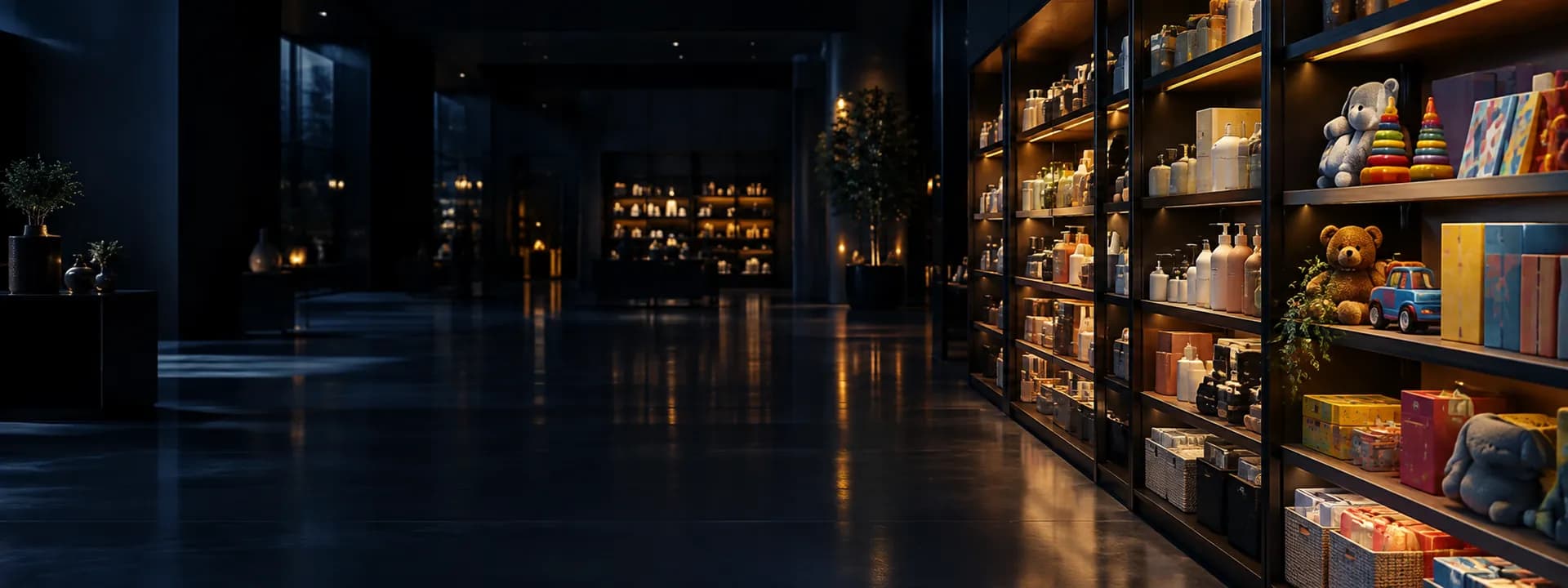El pasillo de una tienda de noche con anaqueles de productos y juguetes