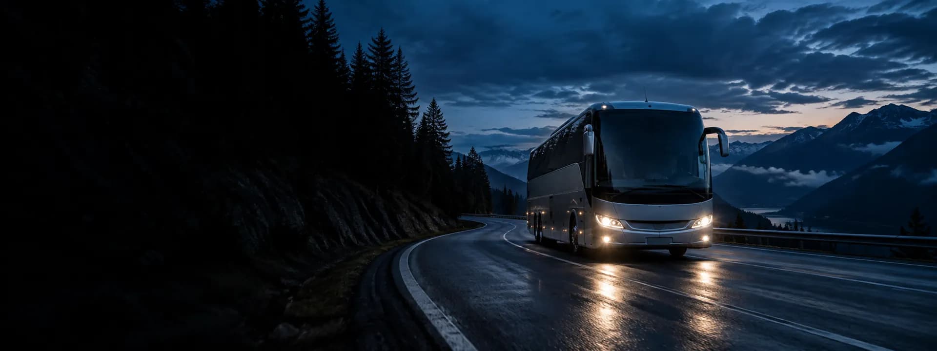 A coach with its headlights on, on a mountain road at dusk